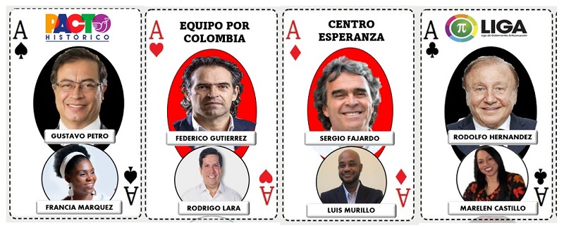 A dos meses de la realización de la primera vuelta por la presidencia, están listas las cartas de los candidatos con su respectiva fórmula vicepresidencial, para que los colombianos en las urnas elijan el 29 de mayo, si alcanza el 51 % de los votos, quien asumirá la jefatura de Estado a partir del 7 de agosto de 2022 hasta el 2026. 