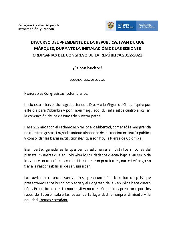 Discurso del Presidente de Colombia Iván Duque